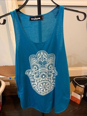 Paper Plane Teal Graphic Hamsa Tank Top